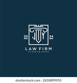 Logotipo do monograma inicial de JY para escritório de advocacia com design de pilares em quadrado criativo