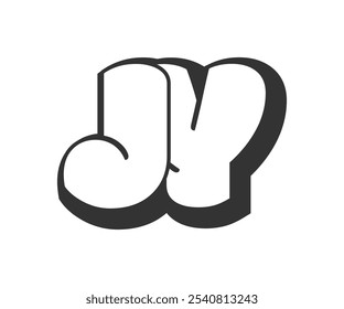 JY logo, bubble comic lettering, rounded in graffiti style black and white silhouette. Trendy preschool J and Y letter text for festival party, personal initials, children funky print and web.