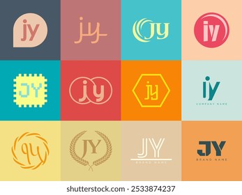 JY logo company template. Letter j and y logotype. Set different classic serif lettering and modern bold text with design elements. Initial font typography. Collection trendy business identity.