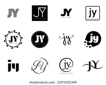 JY logo company template. Letter j and y logotype. Set different classic serif lettering and modern bold text with design elements. Initial font typography. Collection trendy business identity.