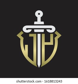 JY Logo monogram with sword and shield combination isolated with gold colors