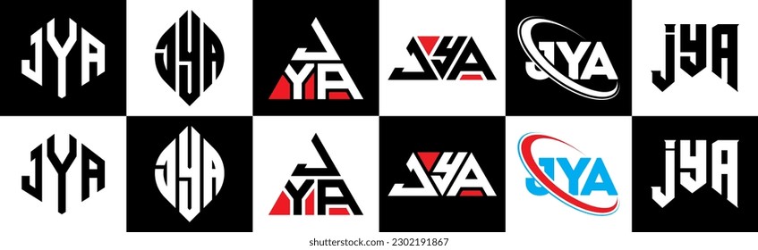 JYA letter logo design in six style. JYA polygon, circle, triangle, hexagon, flat and simple style with black and white color variation letter logo set in one artboard. JYA minimalist and classic logo