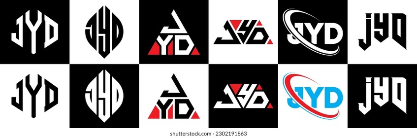 JYD letter logo design in six style. JYD polygon, circle, triangle, hexagon, flat and simple style with black and white color variation letter logo set in one artboard. JYD minimalist and classic logo