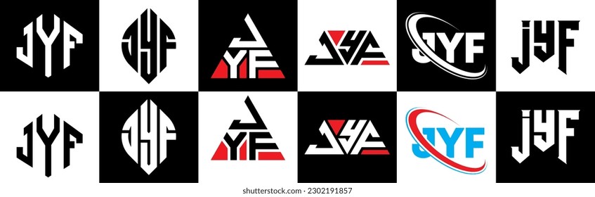 JYF letter logo design in six style. JYF polygon, circle, triangle, hexagon, flat and simple style with black and white color variation letter logo set in one artboard. JYF minimalist and classic logo