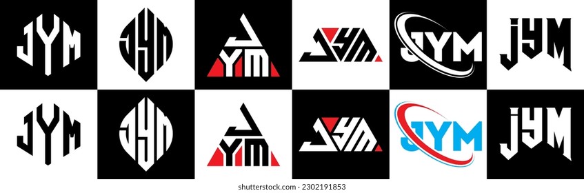 JYM letter logo design in six style. JYM polygon, circle, triangle, hexagon, flat and simple style with black and white color variation letter logo set in one artboard. JYM minimalist and classic logo