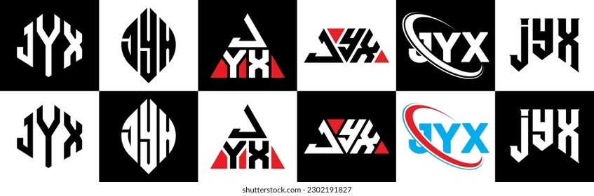 JYX letter logo design in six style. JYX polygon, circle, triangle, hexagon, flat and simple style with black and white color variation letter logo set in one artboard. JYX minimalist and classic logo
