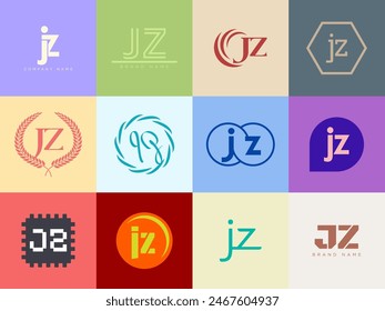 JZ logo company template. Letter j and z logotype. Set different classic serif lettering and modern bold text with design elements. Initial font typography. Collection trendy business identity.