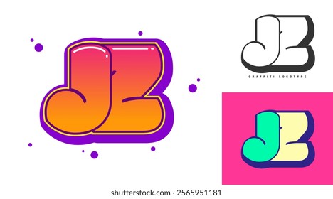 JZ logo design for festival or party. Initial letter j and z in graffiti style. Creative modern lettering company name of font typography. Kids trendy logotype or identity. Vector illustration.