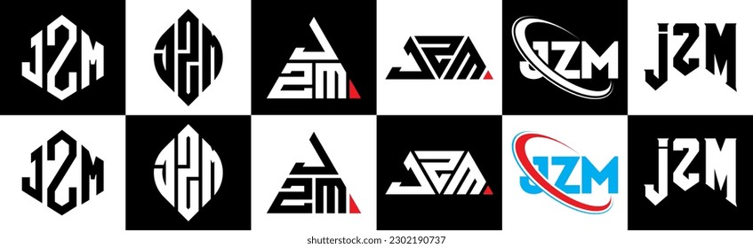 JZM letter logo design in six style. JZM polygon, circle, triangle, hexagon, flat and simple style with black and white color variation letter logo set in one artboard. JZM minimalist and classic logo