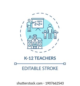 K 12 teachers concept icon. Online teaching jobs types. Learner teaches between kindergarten and twelfth grades idea thin line illustration. Vector isolated outline RGB color drawing. Editable stroke svg