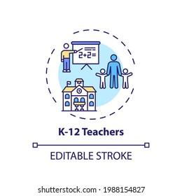 K 12 teachers concept icon. Online teaching jobs types. Teacher educates between kindergarten and twelfth grades idea thin line illustration. Vector isolated outline RGB color drawing. Editable stroke svg