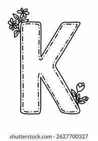 K alphabet with decorative flower, suitable for coloring sheet or alphabet card
