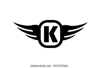 K alphabet letter logo for business and company with wings and black and white color. Corporate brading and icon lettering with simple design