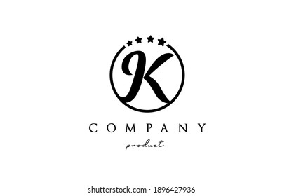 K alphabet letter logo for company and corporate. Design with circle and star in simple black and white colors. Can be used for a luxury brand 