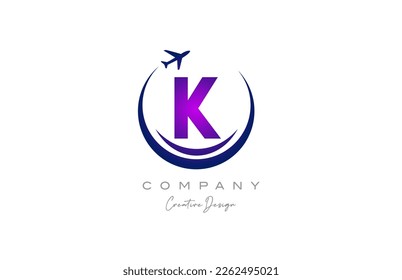 K alphabet letter logo with plane for a travel or booking agency in purple. Corporate creative template design for business and company