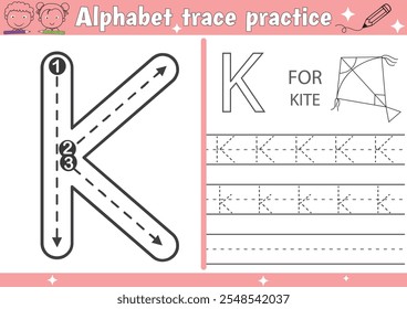 K alphabet tracing practice worksheet and Kite coloring book page with outline vector for Pre-school Kids