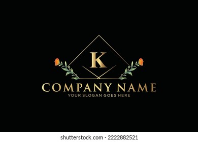 K Beauty vector initial logo, Golden floral letters with flowers leaves and gold splatters isolated on white background. Vector illustration for wedding, greeting cards, invitations template design