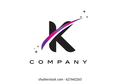 K Black Letter Logo Design with Purple Magenta Swoosh and Stars.