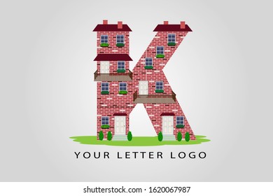 K building letter vector illustration.  House letter with windows, balcony, doors, roof, bricks, chimneys and flowers for logo, label, cover, brochure, card, real estate agency or web page design.