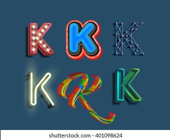 K character set of 6 different styled font, vector