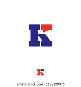 K chat, UI logo. Letter K with a comic bubble. Conversation, correspondence emblems. A blue letter with a red bubble.