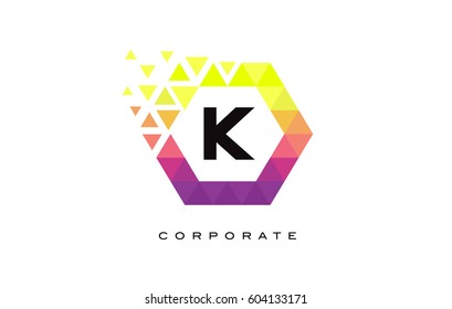 K Colorful Hexagon Shaped Letter Logo Design with Rainbow Mosaic Pattern.