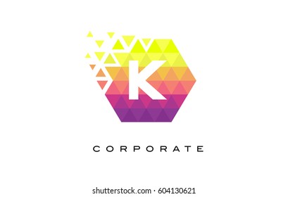 K Colorful Hexagonal Letter Logo Design with Mosaic Rainbow Pattern.