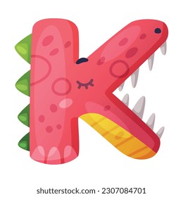 K consonant letter dino font. Dinosaur alphabet, cute dino effect red letter sign, abc for kids, nursery, birthday party design cartoon vector illustration