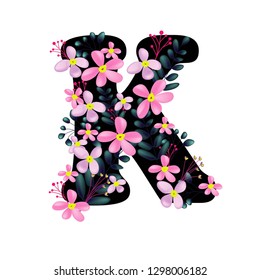 K floral letter, Font with flower decoration, Pink purple black flower alphabet with leaf, Hand drawn vector illustration Isolated on white background, Wedding invitation element