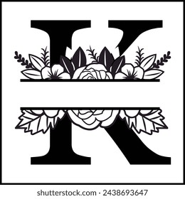 K Floral Split Monogram , Flower Monogram Clipart, Floral Letter Graphic, Alphabet Bundle |Split Monogram Alphabet | Split Monogram Frame Alphabet | Cut File for Circuit, Silhouette svg