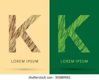 K, Font, concept line stroke , wood and leaf, grass, graphic vector.