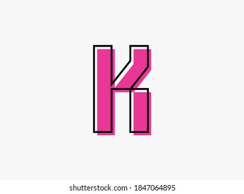 K font letter made of black frame outline shadow of font pink color. Vector illustration for logo, design element, poster etc.
