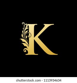 K Gold Letter Logo With Luxury Floral Design. Vintage drawn emblem for book design, brand name, business card, Restaurant, Boutique, Hotel. Vector illustration