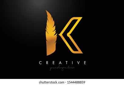 K Golden Gold Feather Letter Logo Icon Design With Feather Feather Creative Look Vector Illustration in Golden Metal Colors.