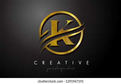 K Golden Letter Logo Design with Circle Swoosh and Gold Metal Texture. Creative Metal Gold  K Letter Design Vector Illustration.