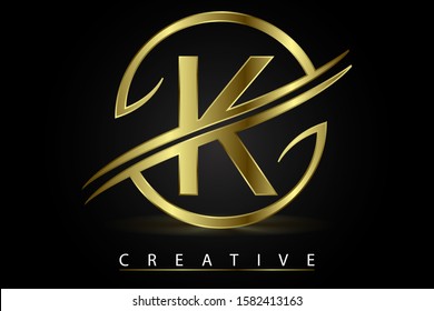 K Golden Letter Logo Design Vector Illustration with Circle Swoosh and Gold Metal Texture. Creative Metallic Letter for Company Name, Label, Icon, Cover, Emblem, Print, Textile, Card or Web Page.