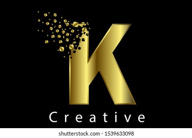 K golden metallic letter with dispersion effect on black background vector illustration. Styled letter design for logo, label, luxury concept, jewelry,  gold business or web page graphic elements.