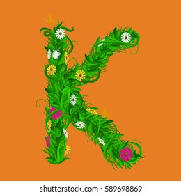 K Green eco letter with leaves and flowers for your design. Flat color style. Spring and summer concept. Vector Illustration