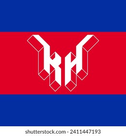 K and H - Monogram or logotype. Isometric 3d font for design. Three-dimension letters. KH - international 2-letter code or National domain of Cambodia.