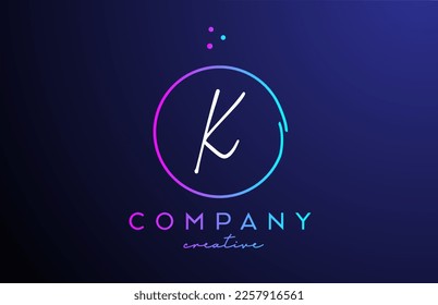 K handwritten alphabet letter logo with dots and pink blue circle. Corporate creative template design for company and business
