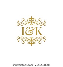 I K inisial logo ornamen emas. Huruf IK esperluette et pernikahan atau simbol mitra bisnis.