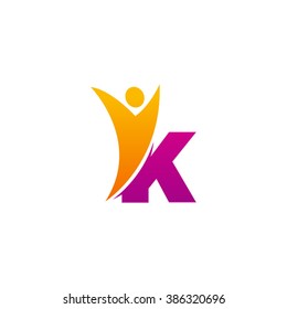 K initial alphabet letter logo with swoosh man, orange purple