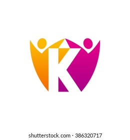 K initial alphabet letter logo with holding hands swoosh man, orange purple