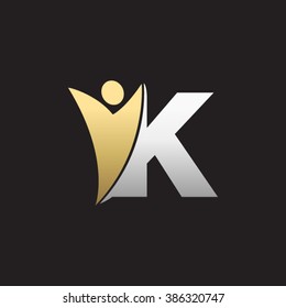 K initial alphabet letter logo with swoosh man, silver gold black background