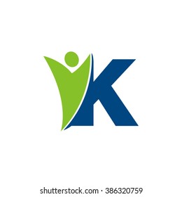 K initial alphabet letter logo with swoosh man, green blue