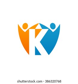 K initial alphabet letter logo with holding hands swoosh man, orange blue