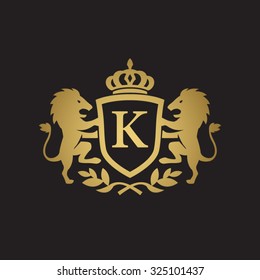 K initial business, clean luxury crest logo with lions