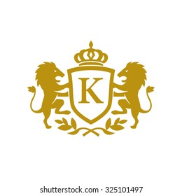 K initial business, clean luxury crest logo with lions