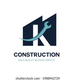  K Initial Letter for Flat Minimalist Modern Construction Logo Design. Simple renovation business logo with wrench equipment tool. Building repair and maintenance brand