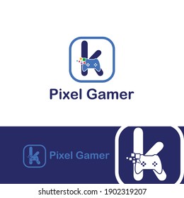 k initial letter with game console icon and pixel for gaming logo concept. game startup application